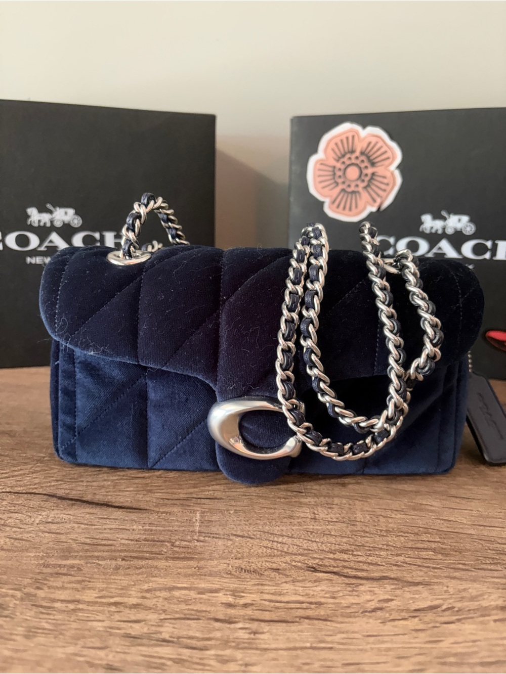 Coach Quilted Velvet Tabby 20 Navy with Silver Chain